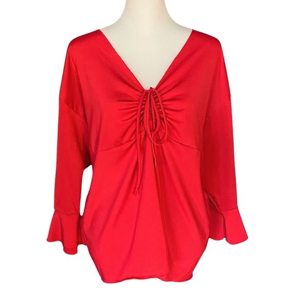 Vintage 90s 3X Red Silky Satin Flowy Ruched Bow Top with V Neck Flared Sleeves - Picture 4 of 10